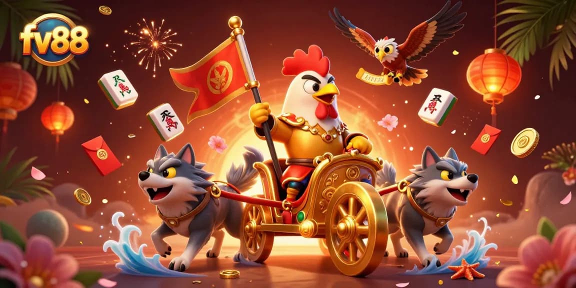 Spin to win exciting jackpots at fv88 with a dynamic casino illustration featuring a war chariot and lucky elements.