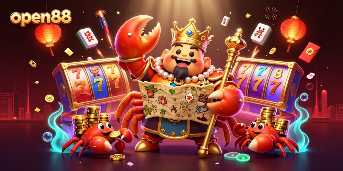 Experience the excitement of open88 with 3D slot reels and a majestic crab emperor in vibrant casino-themed illustration.