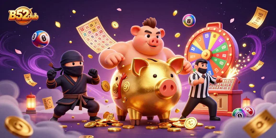 Immerse in the B52club experience with a lively illustration featuring unique characters and exciting gaming elements.
