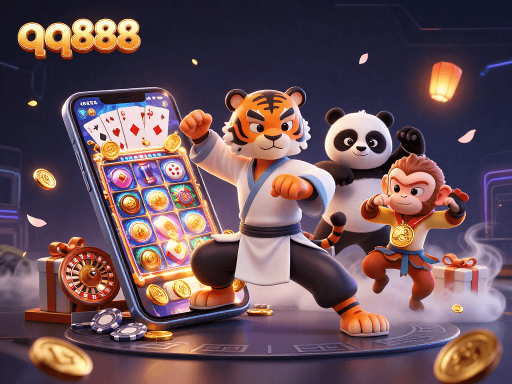 Experience the thrill of qq888 gaming as characters embrace casino excitement in a vibrant, dynamic scene.