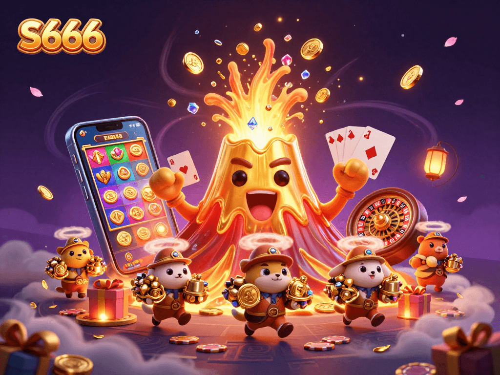 S666 energizes the gaming world with golden treasures, erupting volcano, and lively gambling elements.
