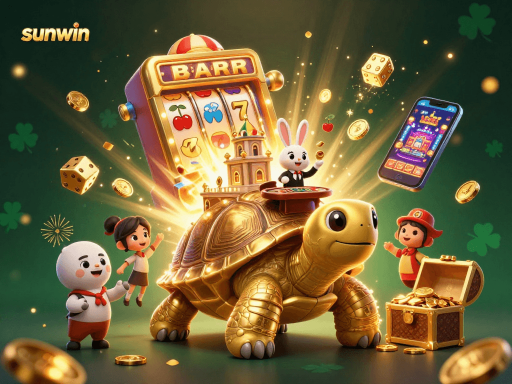 Win big with sunwin featuring a golden tortoise casino scene with vibrant game elements.