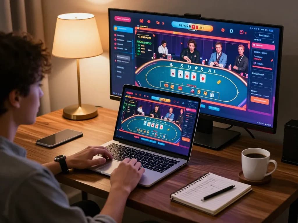 Casino MB66 player enjoying blackjack strategy at home gaming setup with notes and coffee