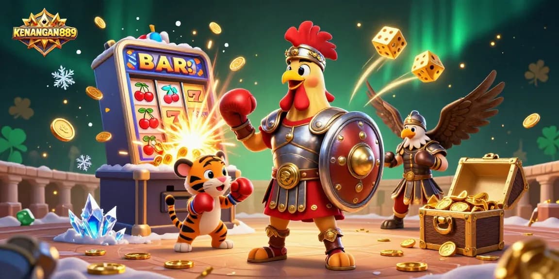 Spinning slots and jackpots await at KENANGAN889, featuring vibrant characters and exciting casino elements.
