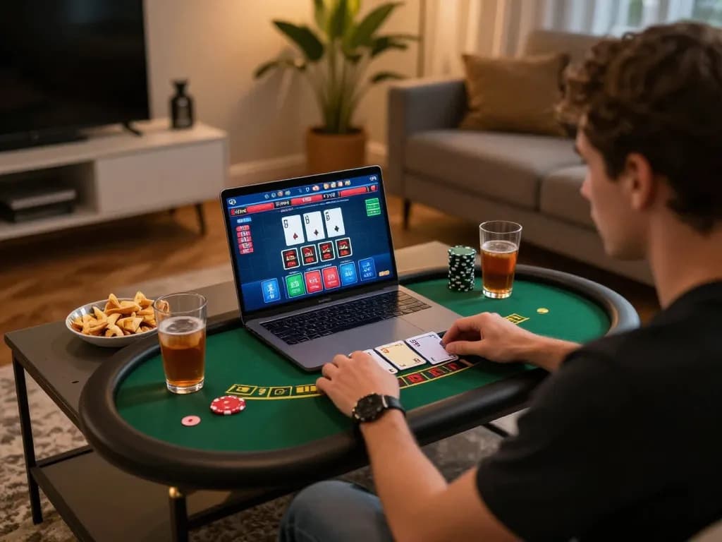 Player engaging in online blackjack on laptop with sunwingo atmosphere in cozy home setting.