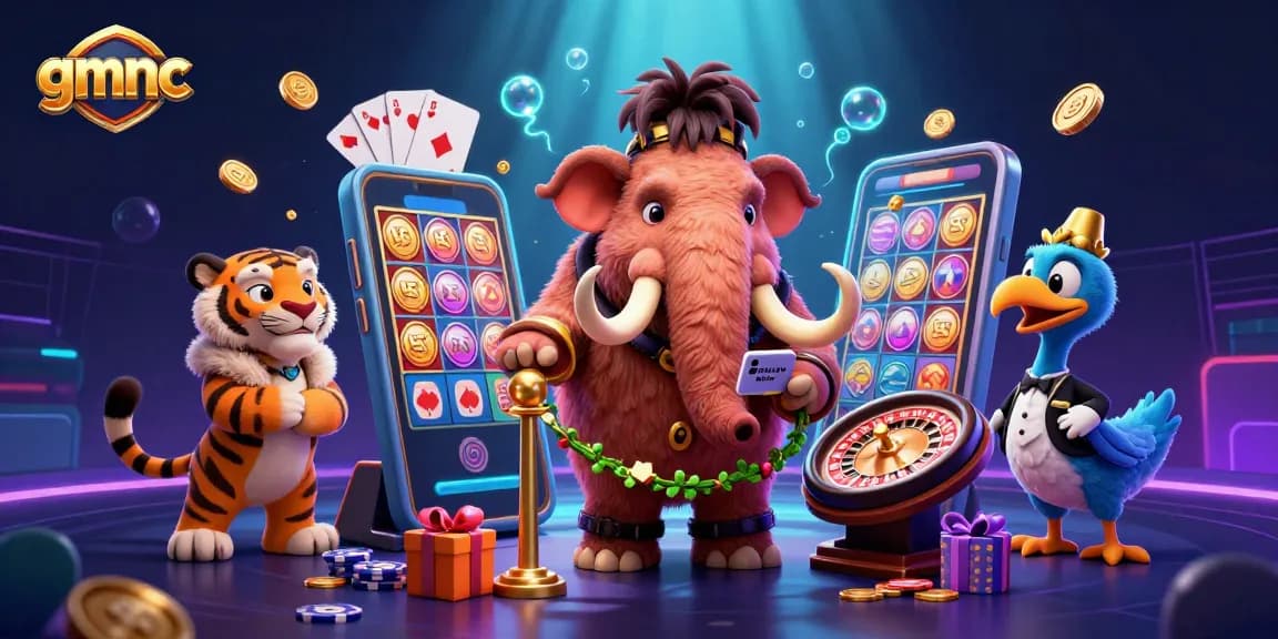 Check IDs at GMNC's casino with a mammoth bouncer and saber-tooth VIP in a vibrant 3D illustration.