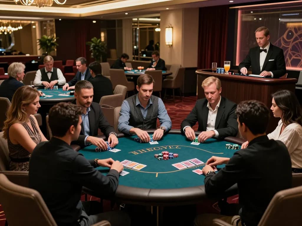 F168 VIP members enjoying an exclusive high-stakes poker game in a lavish casino atmosphere.