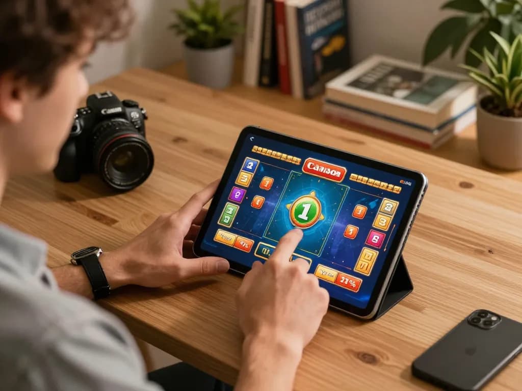 Player enjoying rikvip online casino game on tablet in cozy home setting.