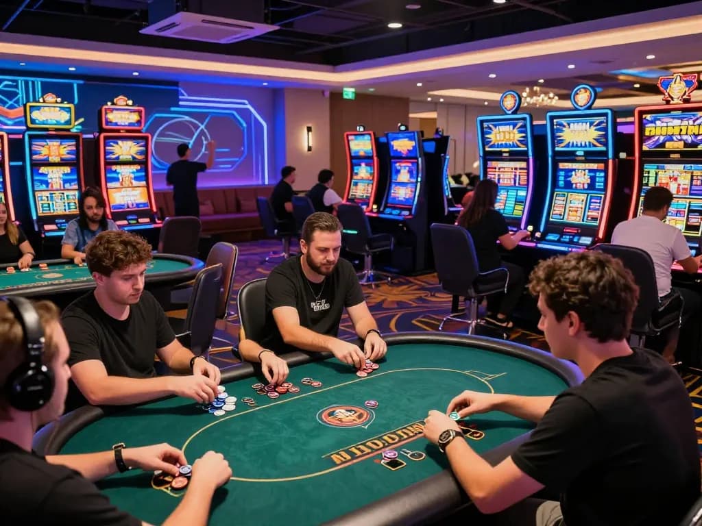 Exciting gaming atmosphere at 789club featuring players at poker tables and slot machines.