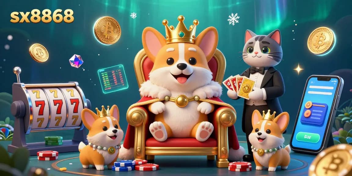 Experience vivid gameplay with sx8868, featuring a regal corgi throne of poker chips and crypto elements.