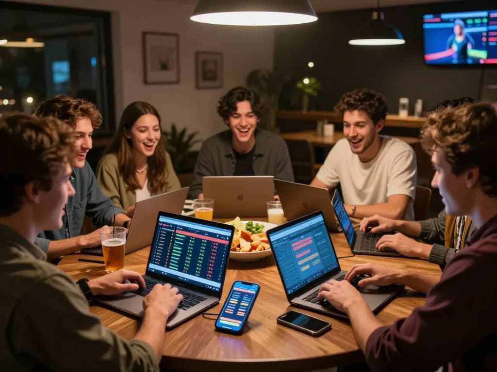Friends enjoying sports betting on OKFUN app, tracking live odds and placing bets
