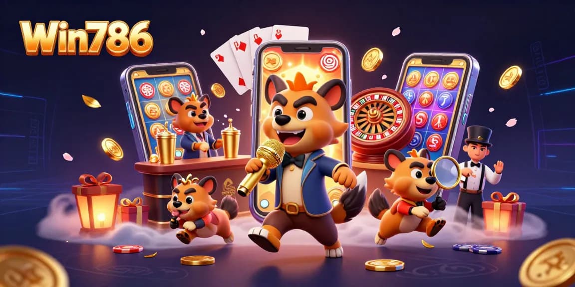 Experience the exciting gaming atmosphere of Win786 with animated hyenas and vibrant casino elements.