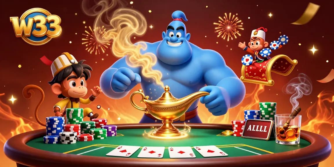 Experience W33's vibrant online casino world with animated characters enjoying poker games amidst celebratory visuals.