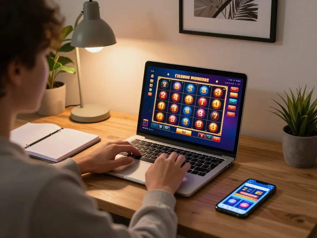 Engaging in Fun88 online slots gaming, cozy home setup, showcasing a vibrant interface and strategic notes.