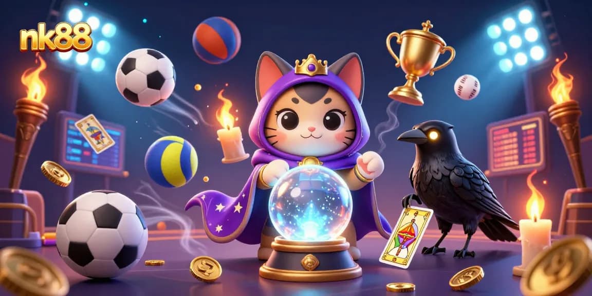 Experience thrilling action at nk88 with our vibrant casino illustration showcasing fortune tellers and sports elements.
