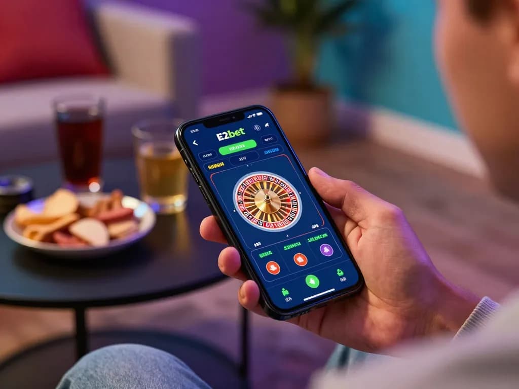 E2bet player enjoying online roulette on a smartphone in a cozy home setting.