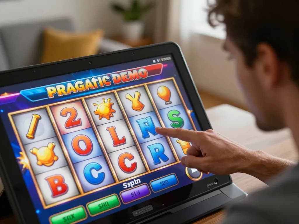 Playing Pragmatic Demo slot game on tablet with exciting symbols in a cozy home setting.
