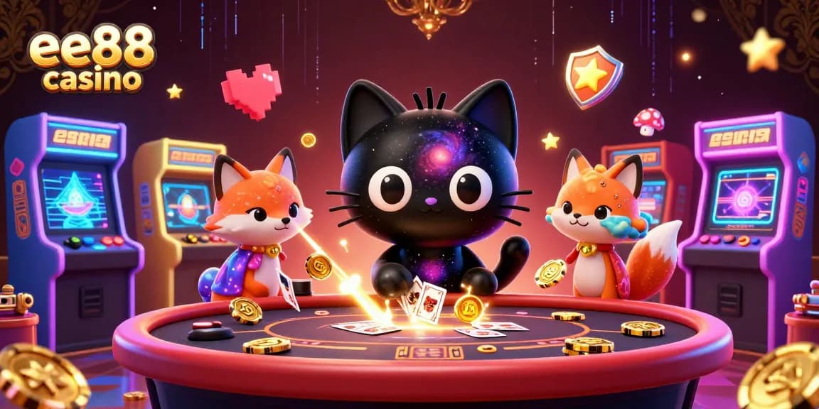 Play at ee88 casino with a 3D black hole cat attracting golden chips and cards at a cosmic casino table.