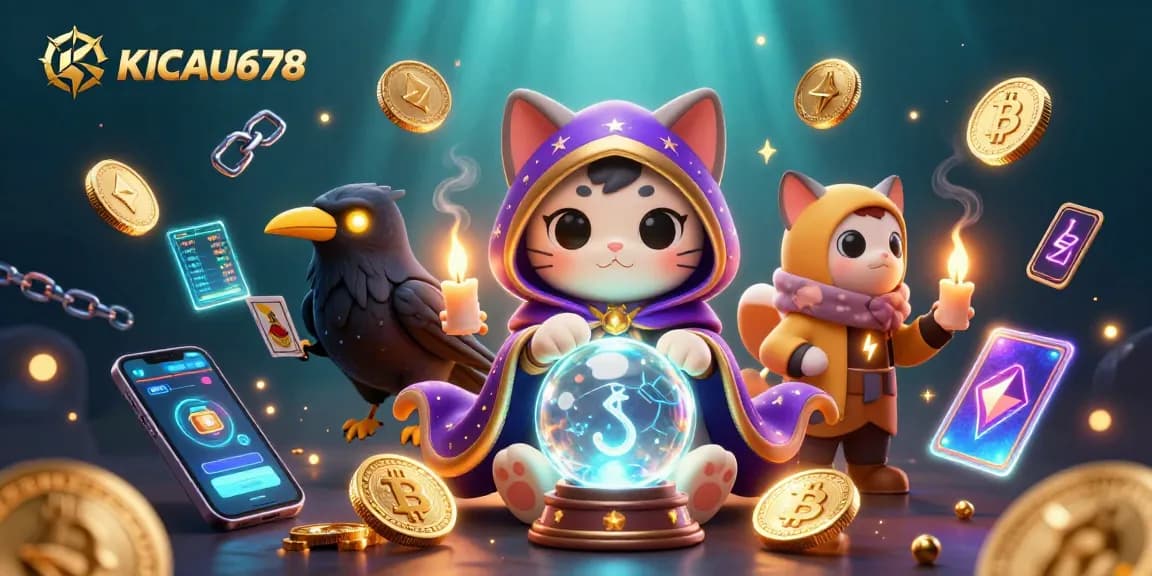 KICAU678 unveils the mystical world of gambling with a fortune teller cat, crypto coins, and tarot elements.