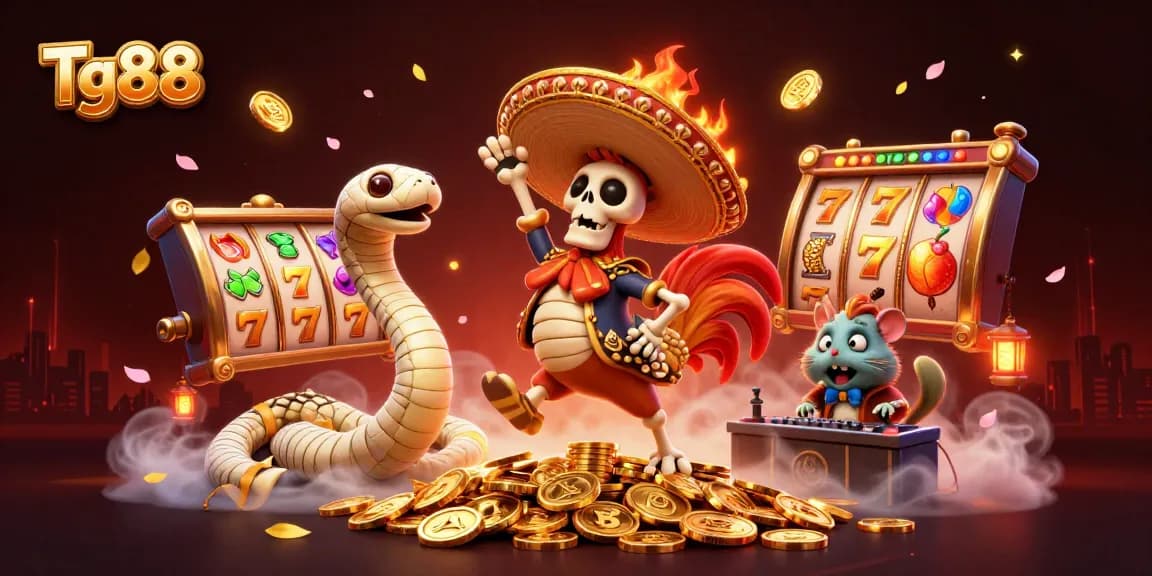 Tg88 showcases a vibrant 3D casino scene with animated characters celebrating big wins through thrilling slot games.