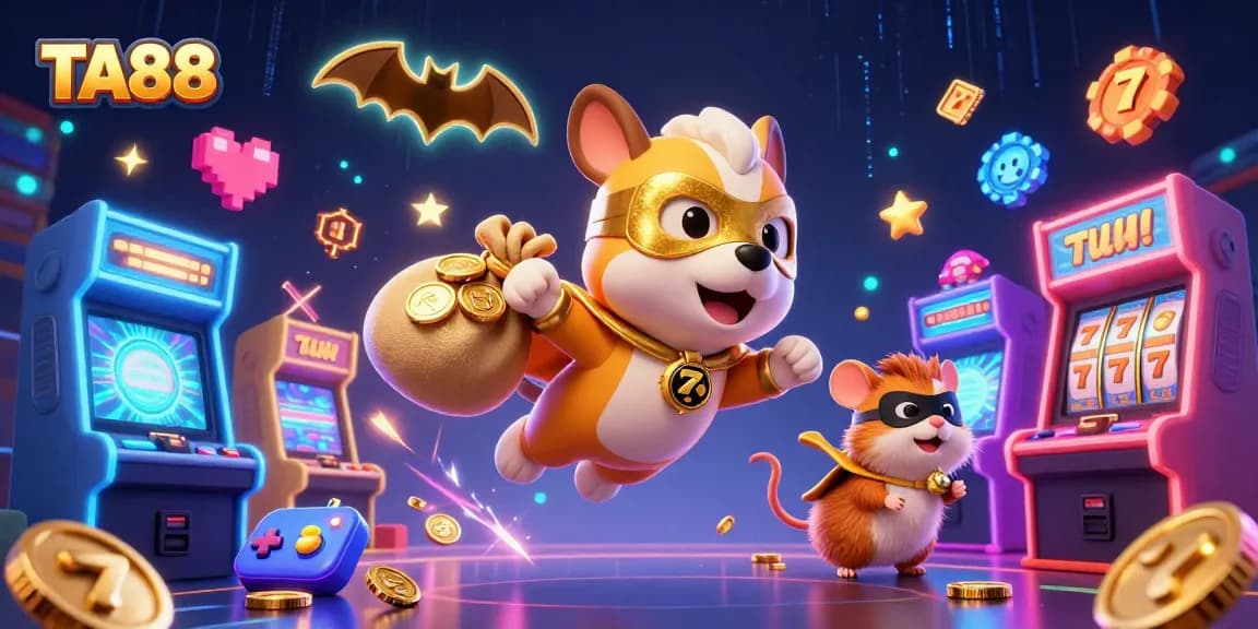 Engage with TA88's vibrant casino universe featuring a superhero dog and gold coins.