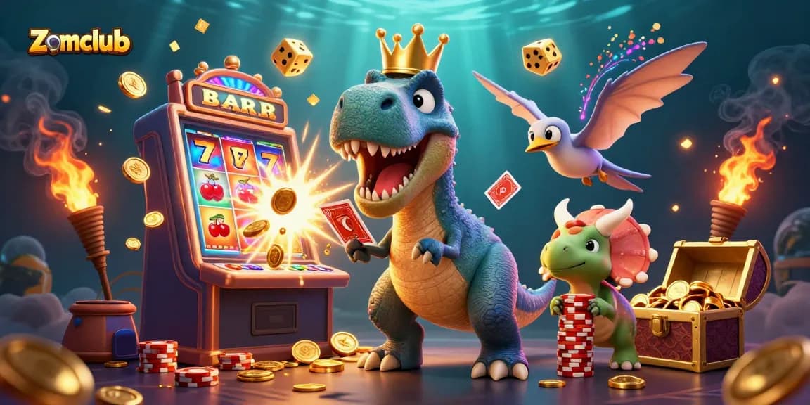 Zomclub showcases a vibrant casino scene featuring a T-Rex shuffling cards amidst a jackpot explosion.