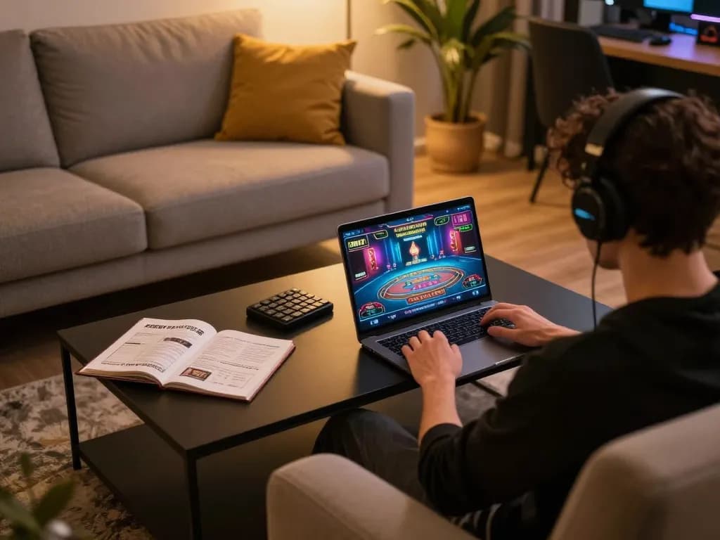 Sunwin online gaming setup with a player enjoying live dealer interaction and strategy notes.