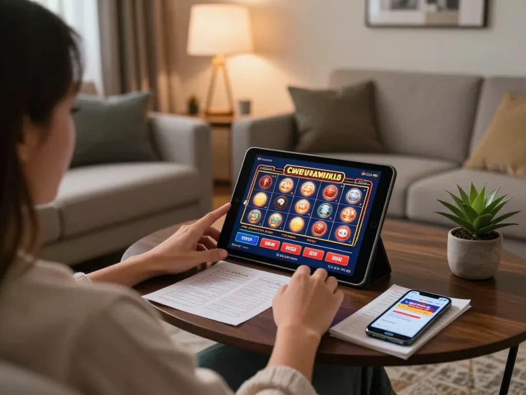 Sunwin online gambling session showcasing a player strategizing on a tablet in a cozy, modern home.