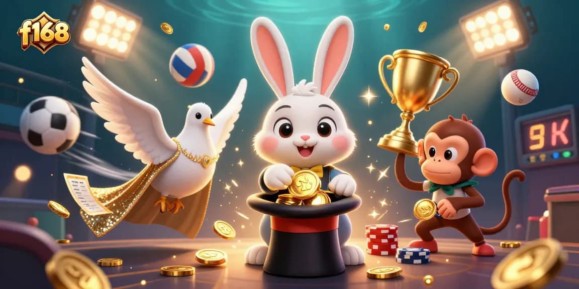 Experience winning moments with f168 as a magician rabbit pulls coins from a hat in a casino-themed scene.