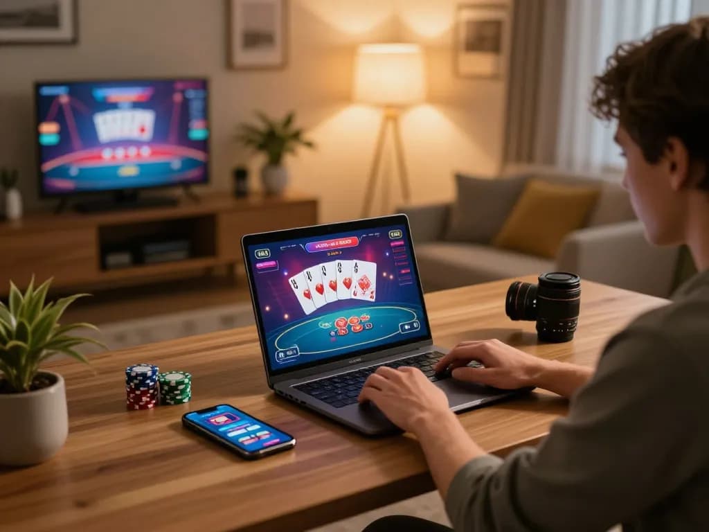 Experience gem88 win with engaging online poker gameplay in a cozy home setting featuring a stylish gaming setup.