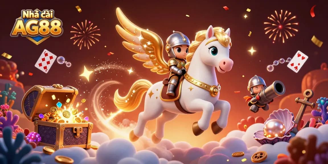 Experience vibrant thrills at Nhà cái AG88 with a whimsical 3D casino adventure scene featuring gold and glitter.