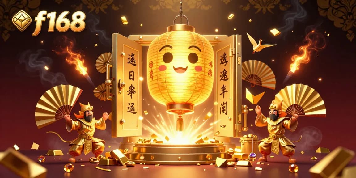 Engage with the f168 casino experience, including vibrant gaming elements and a magical lantern spirit.