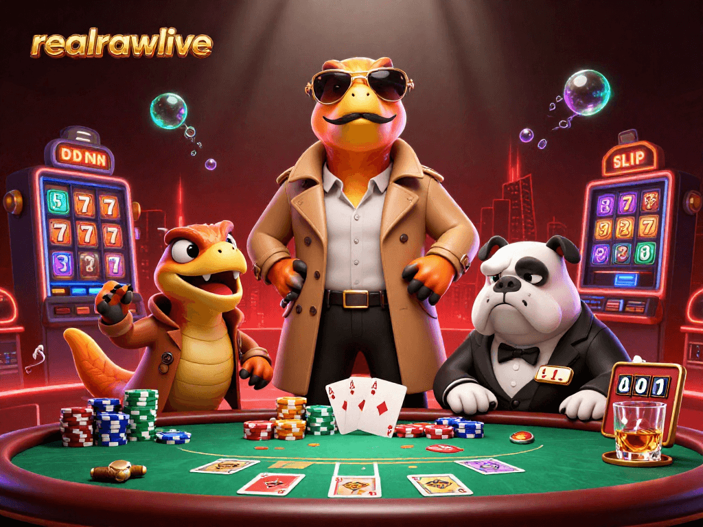 realrawlive raptors enter VIP casino amid poker action with vibrant elements.