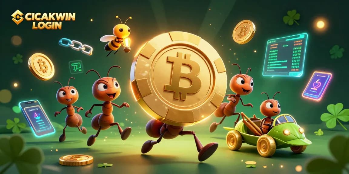 Experience CICAKWIN LOGIN as ants carry a giant poker chip, glowing crypto coins floating around in a vibrant heist scene.