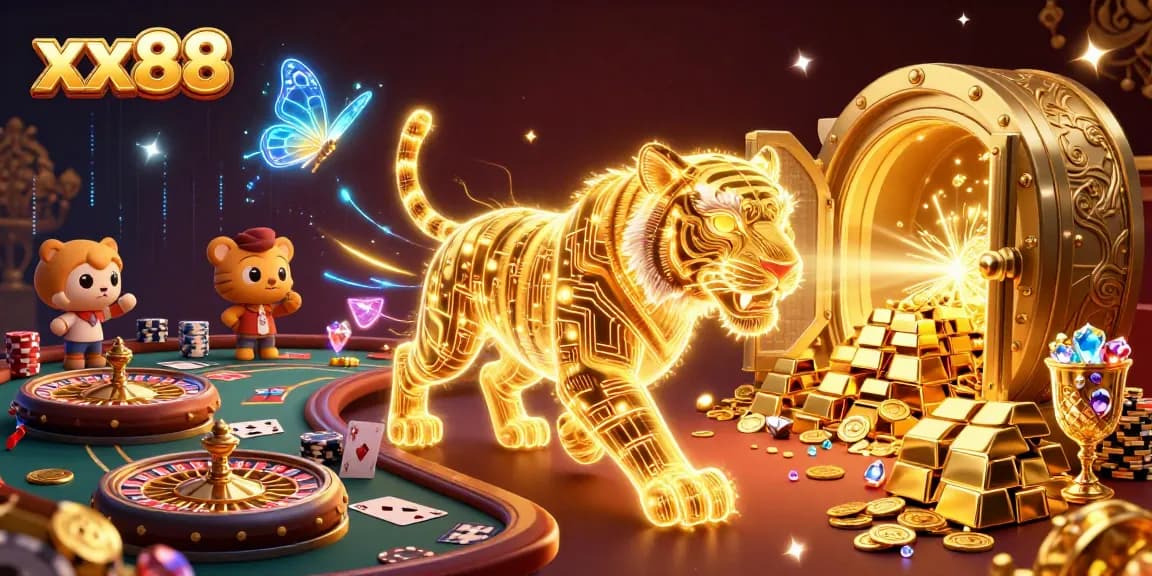 Experience thrilling gaming with xx88 as the golden tiger roams a vibrant casino paradise.
