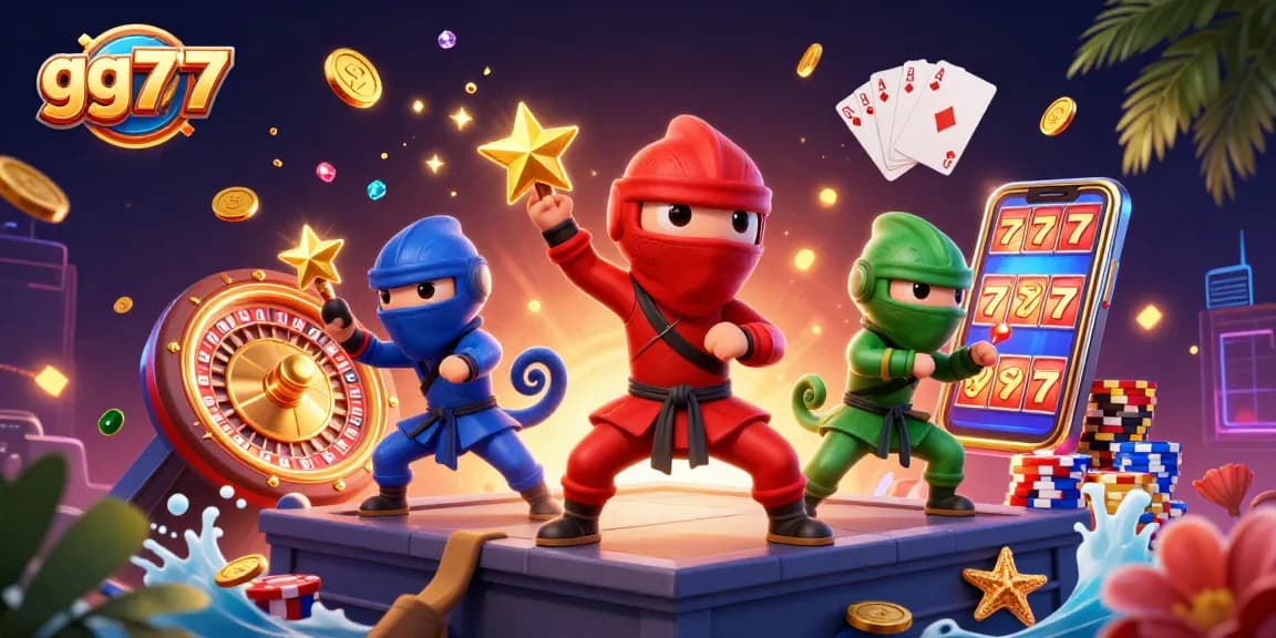 gg777 showcases a vibrant 3D illustration of chameleons in casino action, featuring dynamic gaming elements