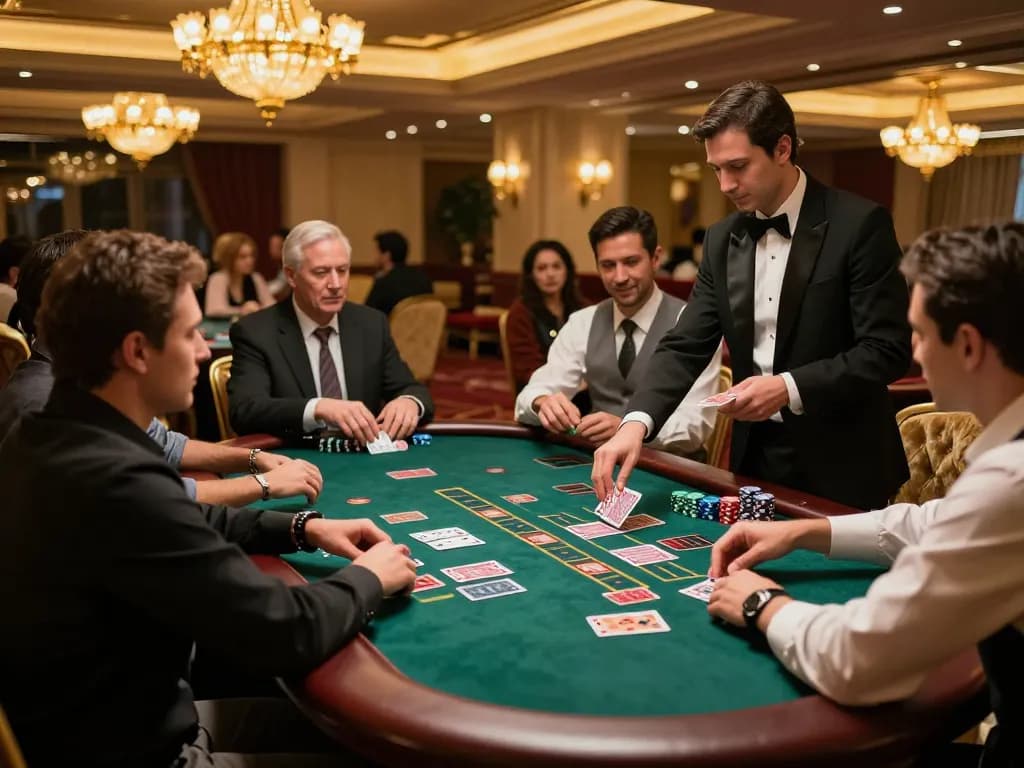 A thrilling blackjack action at cm88game with players engaged around an elegant table under warm chandelier lighting.