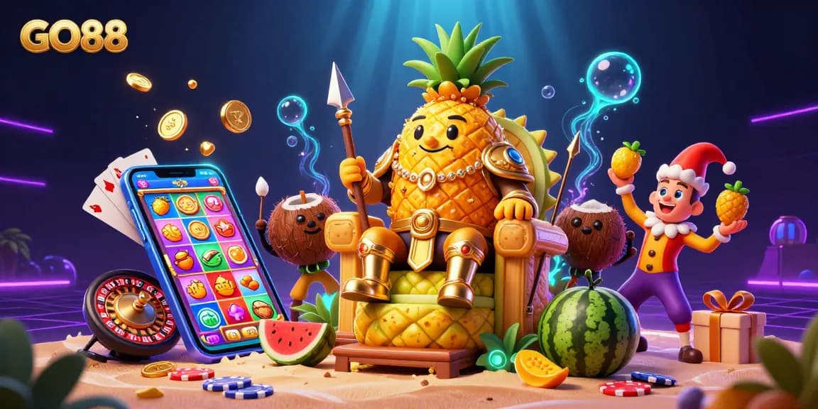 Engage with GO88's vibrant 3D casino scene featuring a golden pineapple king and dynamic gaming elements.