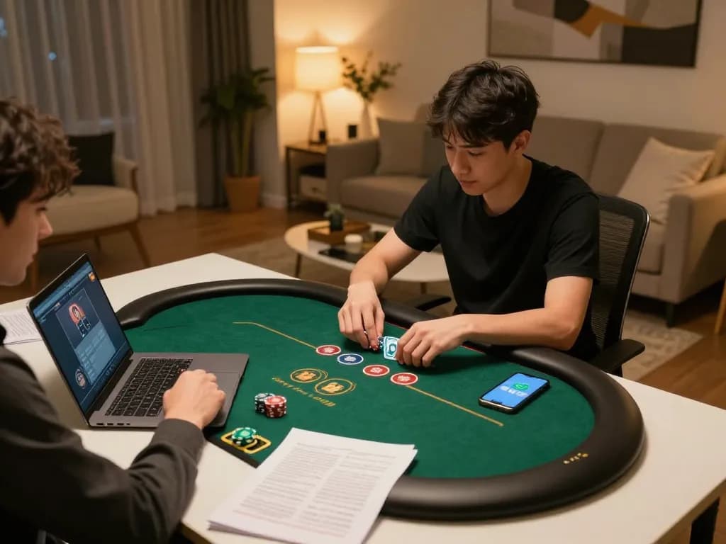 Player engaging in strategic poker gameplay on Fly88 app while managing notes and smartphone in a cozy setting