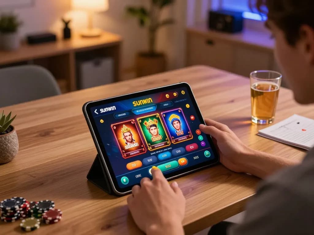 Playing a thrilling game on the sunwin app from a cozy home setup, enhancing online gambling experience.