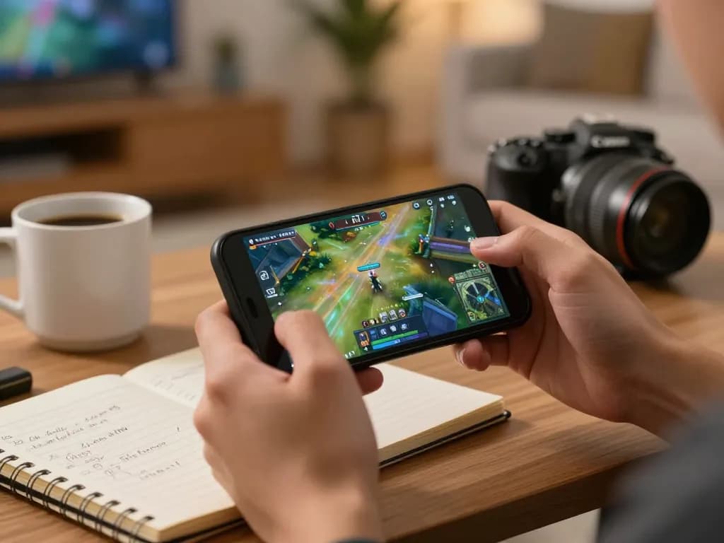 The FN7 game app displayed on a smartphone, illustrating engaging gameplay and strategic features in a cozy home setting