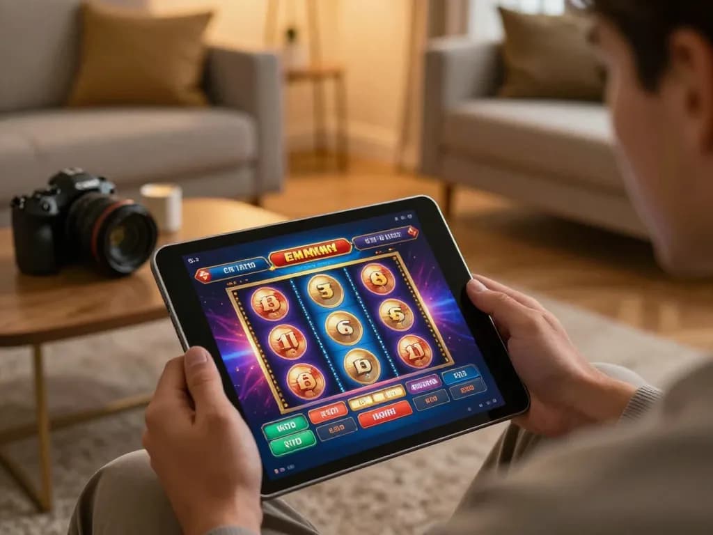 Player enjoying a fabet slot game on a tablet in a cozy home atmosphere