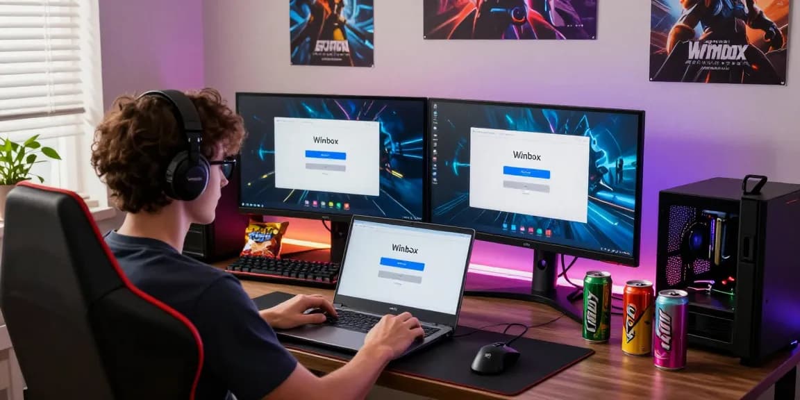 Experience the Winbox download on a vibrant gaming setup with dual monitors and engaging app interface.