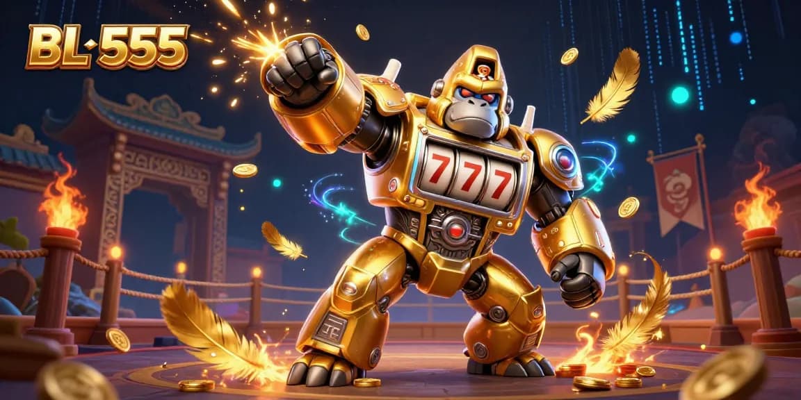 Engage with thrilling gaming experiences at BL 555 featuring a dynamic golden gorilla mech explosive with slot machine visuals.