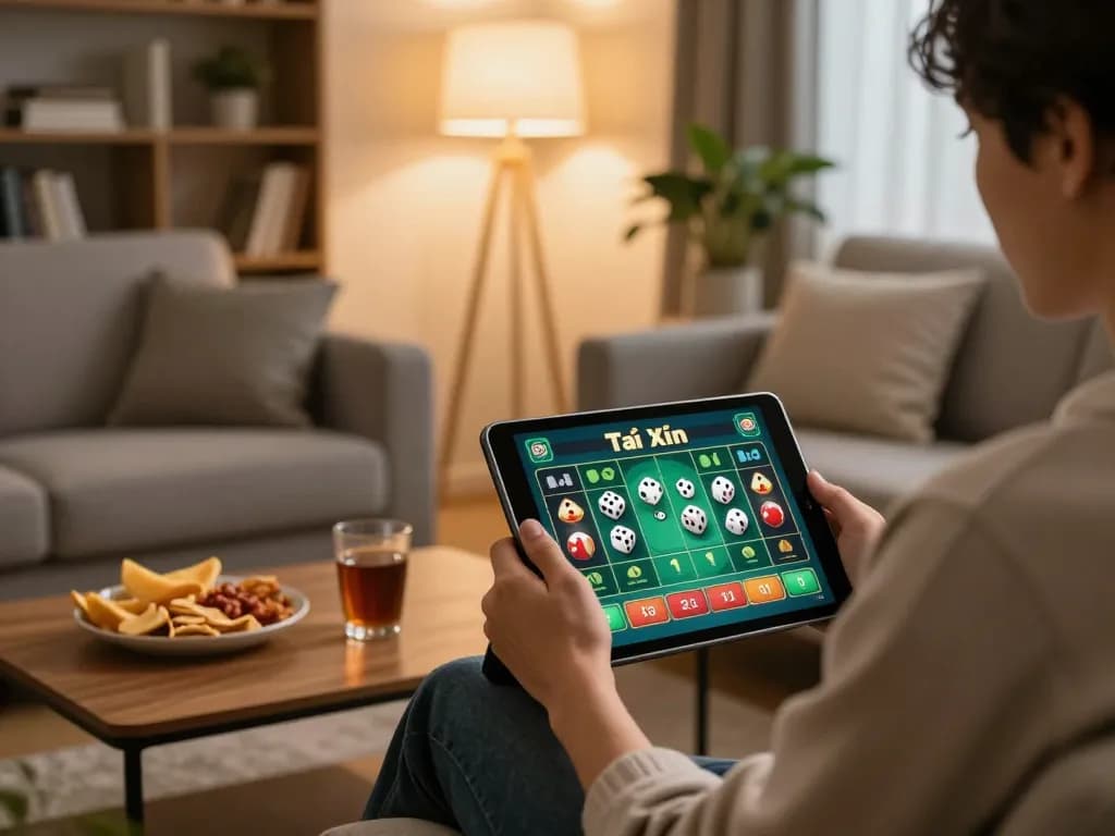 Tài Xỉu online gameplay on a tablet in a cozy living room setting, showcasing strategic betting.