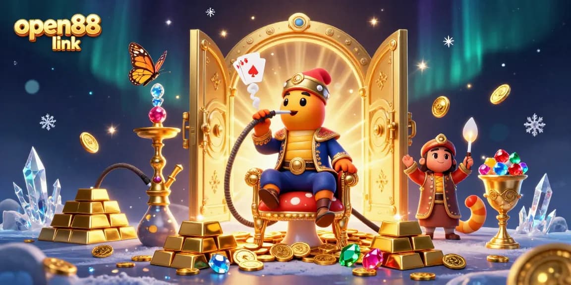 Enjoy the captivating world of open88 link with this vibrant 3D casino illustration featuring a whimsical caterpillar and treasures.