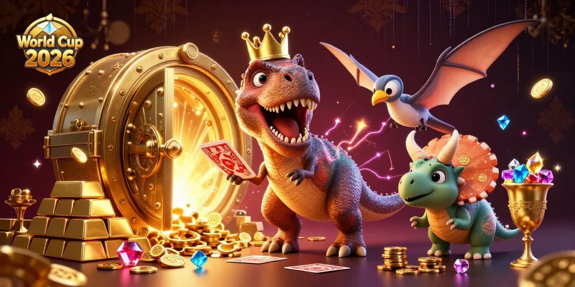 Engage in the thrill of World Cup 2026 with a vibrant T-Rex and friends amid treasure.