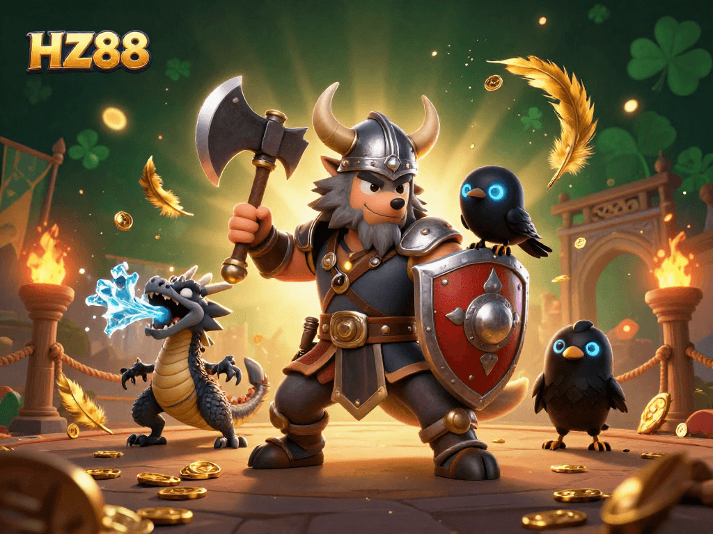 Join the adventure at HZ88 with a Viking wolf warrior, fierce dragon, and captivating gambling elements.