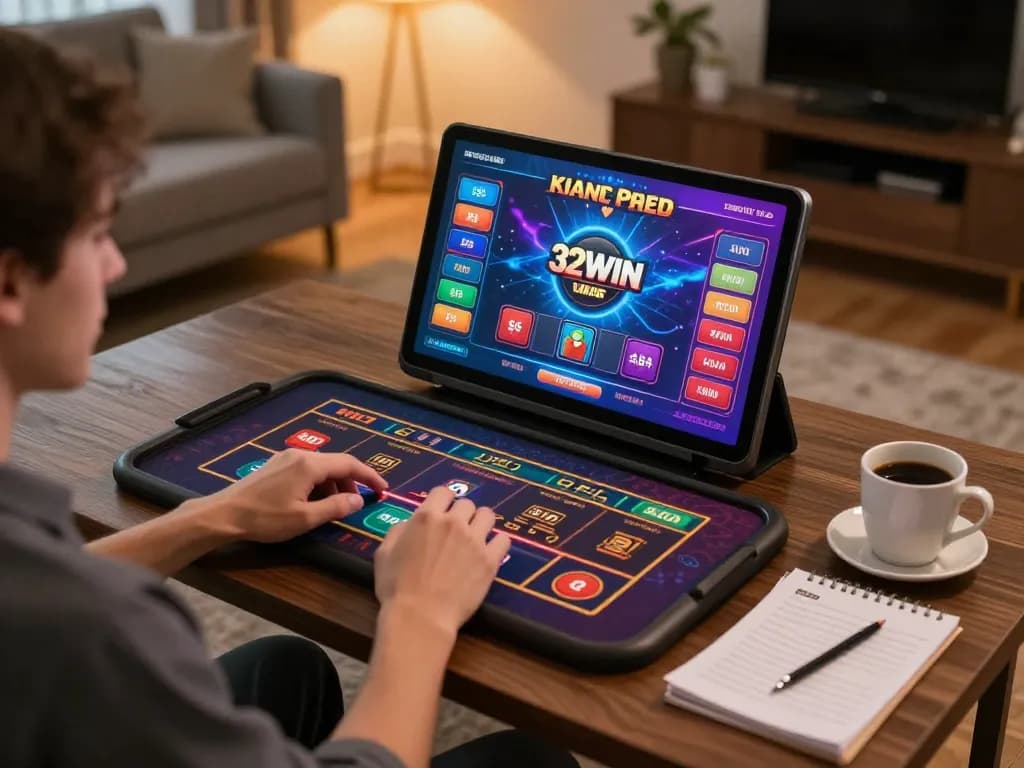 Engaging with live dealer games on 32win trang chủ, showcasing vibrant interface in a cozy setting.