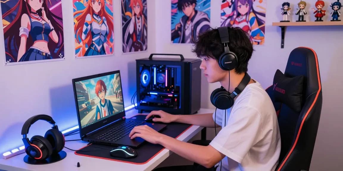 Engaged player enjoying an ecchi simulator in a vibrant gaming setup.